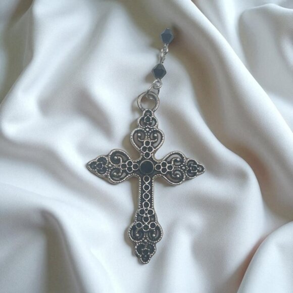 Gota Long Dangle Cross Earrings W/ Black Beaded Chain & Intricate Silver Design - Picture 3 of 7